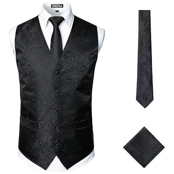 MENS Classic 3pc Jacquard Paisley Vest Set Black